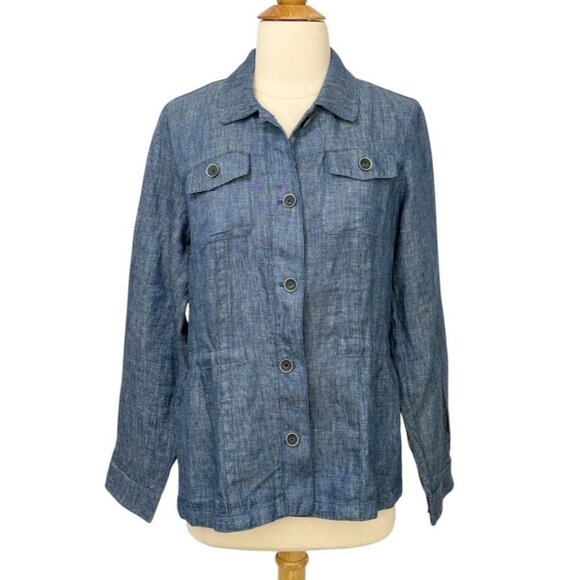 J. McLaughlin Linen Blazer Jacket Blue Denim Cinch Waist Long Sleeve Soft Size S - Picture 1 of 11